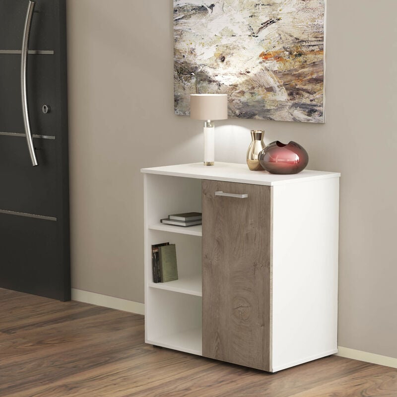 Mobiletto credenza da interno soggiorno salotto in legno nobilitato bilaminato con 1 anta e 3 ripiani Linea Classic - Bianco anta marrone