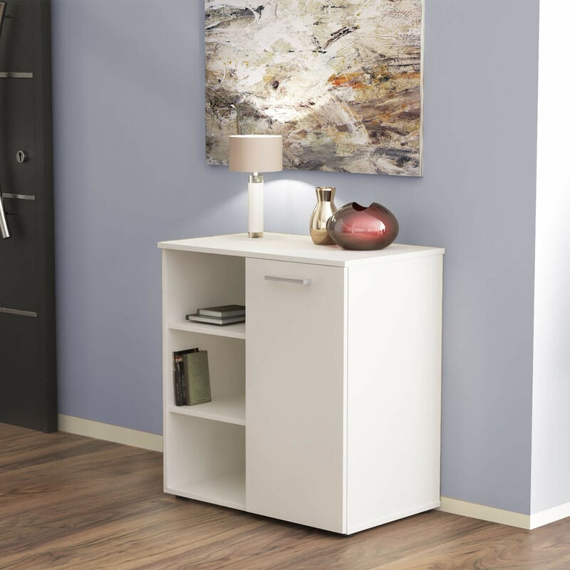 Mobiletto credenza da interno soggiorno salotto in legno nobilitato bilaminato con 1 anta e 3 ripiani Linea Classic - Bianco