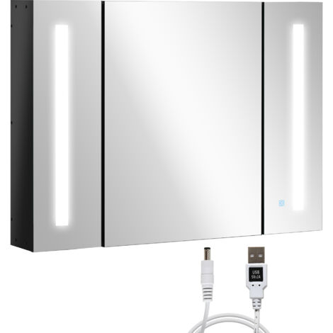 Mobiletto da bagno a LED con specchio, montaggio a parete, luminosità dimmerabile, 3 ante a specchio, ripiani regolabili, ricarica USB, nero lucido