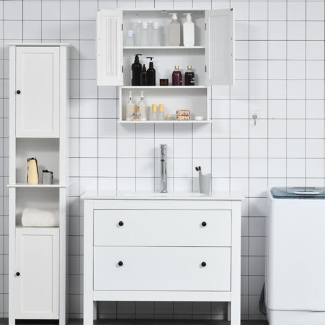 Mobiletto da Bagno a Muro, Mobiletto Multiuso Salvaspazio con Armadietto a 2 Ante e Ripiano Inferiore Bianco, 60x20x70cm