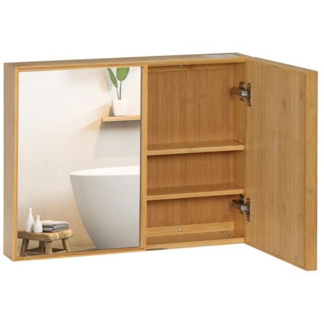 Mobiletto da bagno a parete con specchi e 2 ante in bambù, 65,2 x 14 x 50 cm