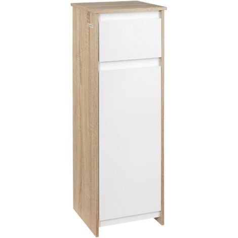 Mobiletto da bagno con cassetto e armadietto con ripiano interno regolabile, in MDF, 32,6x30x90 cm, colore bianco e legno