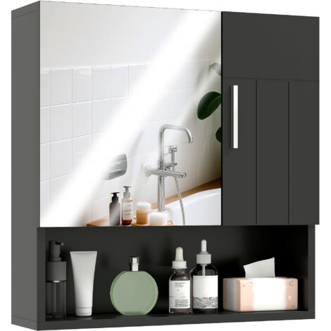 Mobiletto da bagno con specchio e ripiani regolabili, 2 ante, ripiano aperto, legno e vetro, 54x15,2x55,3 cm, nero