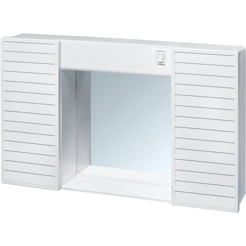 Image of Mobiletto da bagno in plastica c/specchio, due ante, luce e interruttore. dim: 58x37x12 col: bianco - Bianco