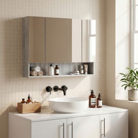 Mobiletto da bagno Kleankin a 4 sezioni con ripiani regolabili, specchio da bagno in legno e vetro, 90 x 15 x 75 cm, grigio.