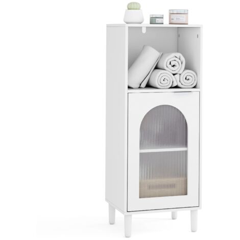 Mobiletto da bagno, mobiletto in legno con ripiano regolabile, anta in vetro temperato, antiribaltamento e gambe in legno massello, per soggiorno, bianco