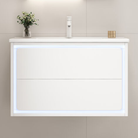 Mobiletto da bagno sospeso 76x46x48,5 cm con illuminazione a LED a sensore, 2 cassetti, lavabo in ceramica, bianco