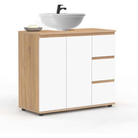 IDMARKET Mobiletto da bagno TOMI con armadio e 3 cassetti, finitura faggio e bianco