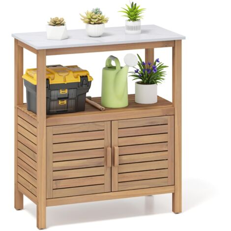 Mobiletto da giardino in legno di acacia con vassoio in resina, tavolo da giardino per esterni, patio, 80 x 40 x 90,5 cm, Naturale