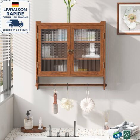 Mobiletto pensile per bagno 60x18x60cm - Con tre scomparti portaoggetti e portasciugamani - Stile retrò - Marrone