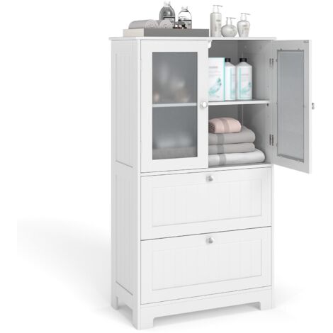 Mobiletto per bagno, Mobile contenitore con 2 ante in vetro smerigliato, 2 cassetti grandi, Ripiano regolabile, 30 x 60 x 108 cm, Bianco