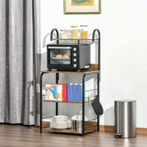 Mobiletto per Microonde a 4 Ripiani e 4 Ganci, Mobile Cucina in Acciaio e Legno 60x40x125cm, Marrone Rustico