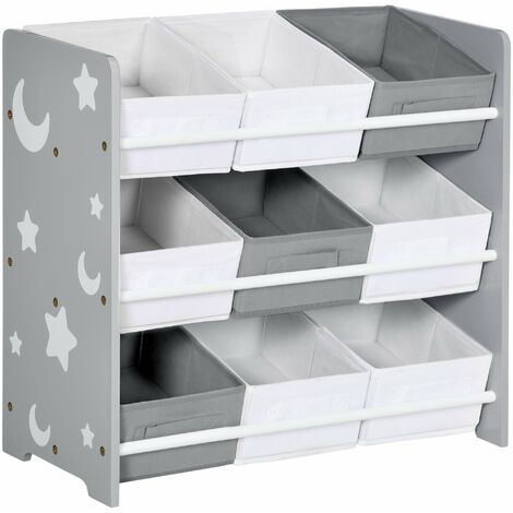 Mobiletto Portagiochi 63x30x60 cm 9 Cestini Rimovibili in MDF e Tessuto Grigio e Bianco