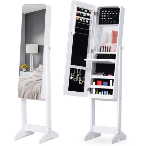 Mobiletto portagioie a specchio con LED, organizer per gioielli con supporto collane bracciali anelli orecchini, angolazione regolabile, bianco