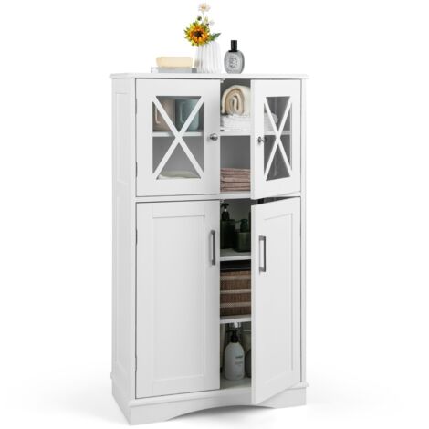 Mobiletto portaoggetti da bagno con ante e ripiani regolabili, Mobiletto da pavimento per bagno 60x30x108cm Bianco