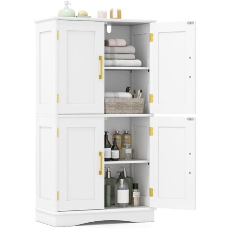 Mobiletto portaoggetti per bagno, dispensa indipendente da 110 cm con 4 ante e 2 ripiani regolabili, Bianco