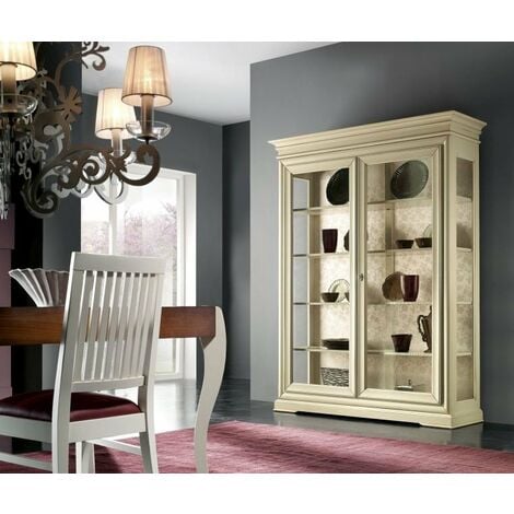 MOBILI 2G - CRISTALLIERA CON VETRINA IN LEGNO 3 ANTE SHABBY CHIC AVORIO  ANTICATO L.170 P.46 H.215