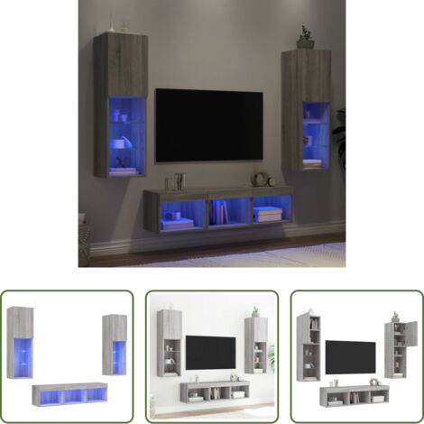 Mobili a parete -  Mobili TV a Muro con LED 5pz Grigio Sonoma in Legno Multistrato