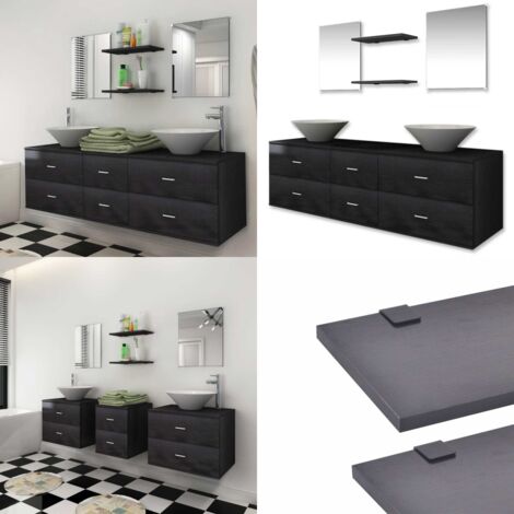 Mobili da Bagno con Lavabo Set 7 pz Nero - Lavabo - Specchio