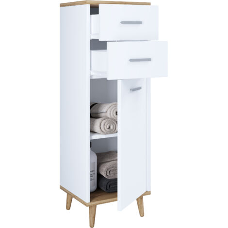Mobili da bagno VCM Midischrank  Armadio laterale  Dimensioni: A. 97 x L. 32 x T. 28 cm 2 cassetti  1 porta girevole  2 scomparti – Landos (rovere bianco / miele)