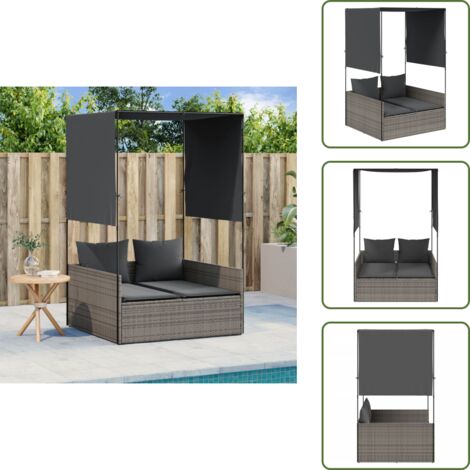Mobili da esterno - vidaXL Lettino Prendisole Doppio Tetto e Tende Grigio in Polyrattan - Cuscino sfoderabile