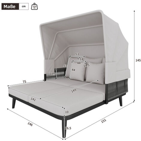Mobili da giardino per 2 persone, sedia da spiaggia, lettino da giardino, sdraio, tendalino retrattile, struttura in acciaio zincato, cuscini spessi 10 cm, corda intrecciata a mano, grigio