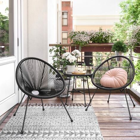 Mobili da Giardino Set 3 Pezzi, Sedia Acapulco, Poltrona da Esterno, Tavolino con Piano in Vetro e 2 Sedie, Set Conversazione per Interni ed Esterni, Nero