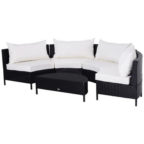 MOBILI DA GIARDINO SET 5 PEZZI CON TAVOLINO IN RATTAN NERO CON CUSCINI BIANCHI