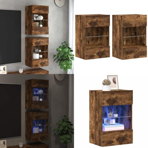 Mobili da parete con luci LED per TV 2pz Rovere Fumo 40x30x60,5 cm - Luci LED RGB - Porta TV a parete