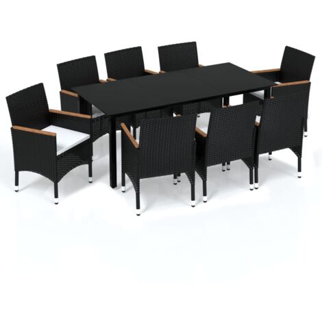 Mobili da pranzo e cuscini da giardino 9 pezzi in resina intrecciata nera 020014918