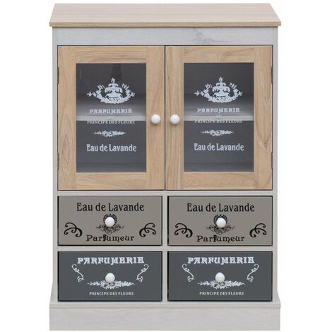 Mobili Rebecca – Armoire vitrine shabby avec 4 tiroirs et 2 portes – Bois mélaminé blanc beige gris – Dimensions H 81 x L 58 x P 30 cm