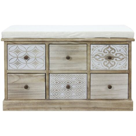 Mobili Rebecca – Banc commode enfant beige 6 tiroirs – Assise rembourrée – Bois de paulownia – Dimensions H 49 cm x L 77,5 cm x P 35 cm