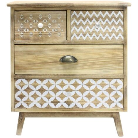 Mobili Rebecca – Commode 4 tiroirs en bois Paulownia – Dimensions H 65 x L 55.5 x P 30 cm – Style shabby boho pour cuisine et entrée