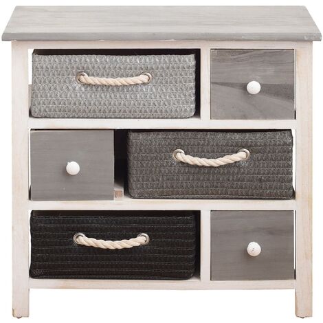 Mobili Rebecca – Commode 6 tiroirs en bois de Paulownia et osier – Dimensions H 53 cm x L 56 cm x P 27 cm – Style vintage et romantique