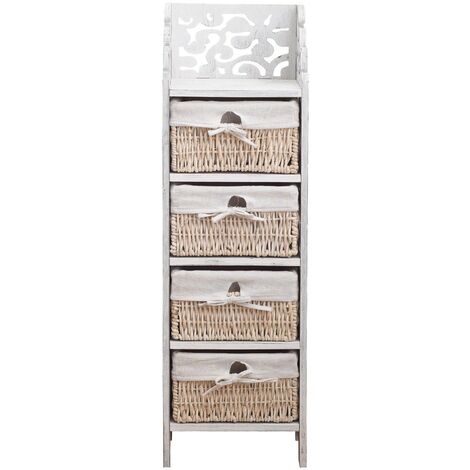 Mobili Rebecca – Commode table de chevet 4 tiroirs en bois paulownia blanc – Dimensions H 98 cm x L 29 cm x P 22 cm – Style shabby chic