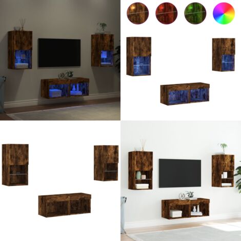 Mobili TV a Muro 4pz con Luci LED Rovere Fumo - Luci LED RGB - Mobili portaoggetti