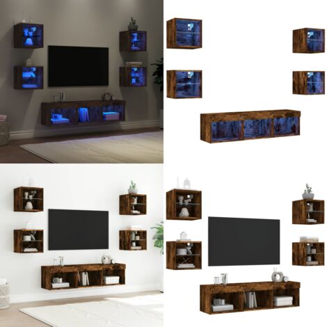 Mobili TV a Muro con LED 7pz Rovere Fumo in Legno Multistrato - Mobili a parete - Luci LED RGB
