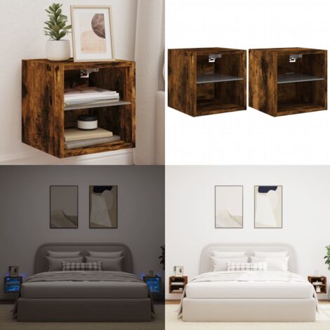 Mobili TV a Parete con Luci LED 2pz Rovere Fumo 30x28,5x30 cm - Mobili TV a parete - Luci LED RGB