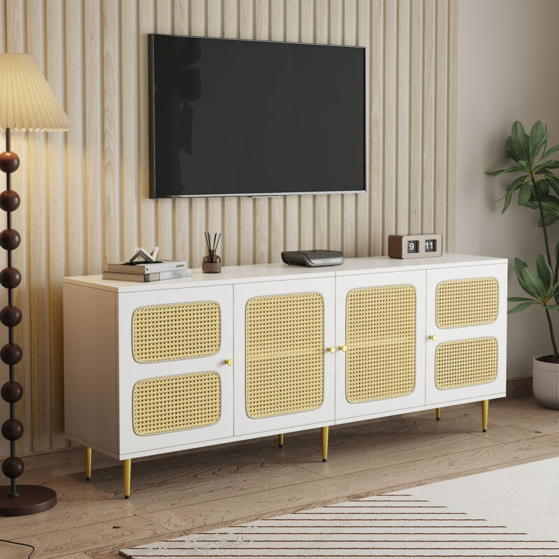 Mobili tv in rattan 180x40x72 cm - 4 ante in rattan, ripiani regolabili in altezza, tv fino a 80 pollici, bianco+naturale