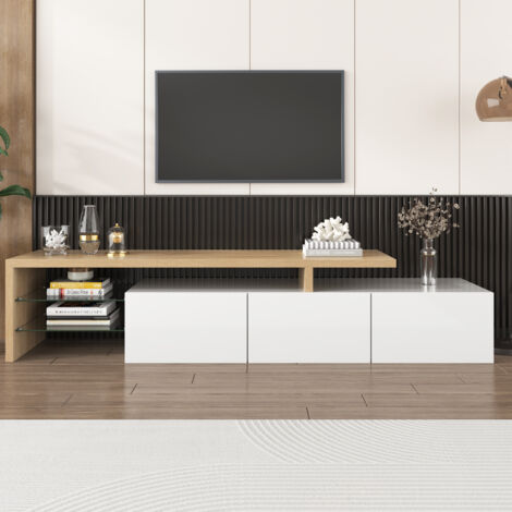 Mobili TV moderno LED 197,5 x 39 x 42 cm, 3 ante e ripiani in vetro, Bianco