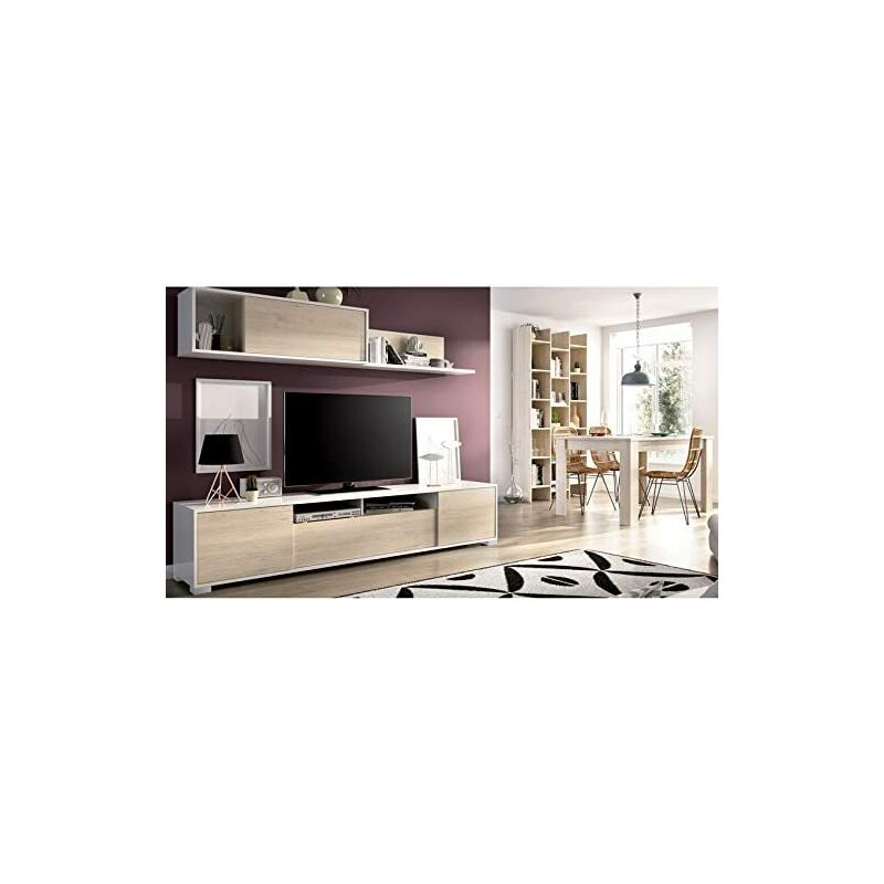 

Pack conjunto Salon mueble Tv + estante Natural y Blanco Brillo