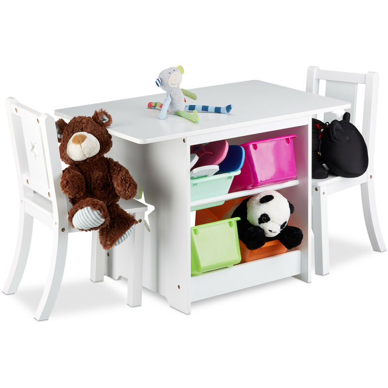 

Mobiliario infantil ALBUS con espacio de almacenaje, Una mesa & Dos sillas, Diseño unisex, Blanco