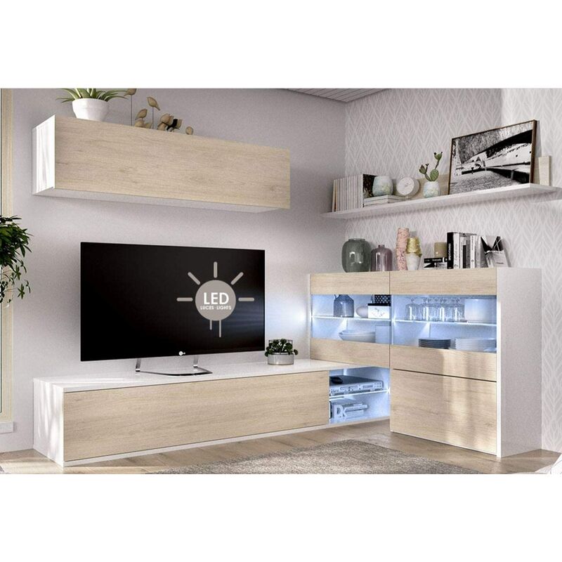 

Mobiliario Rinconero, Mueble Salon con Leds, Medidas: 180x260x41 cm de Fondo (Blanco Brillo)