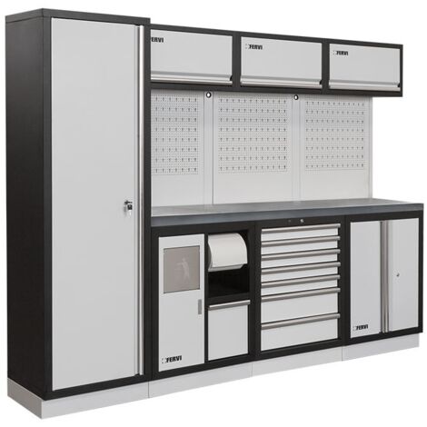 Mobiliario taller modular con tapa de acero inox armarios cajones. Fervi A008G