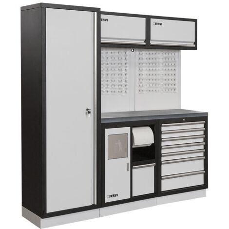 Mobiliario taller modular con tapa de acero inox armarios cajones. Fervi A008I