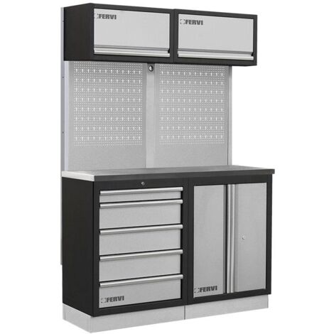 Mobiliario taller modular con tapa de acero inox armarios cajones. Fervi A008M