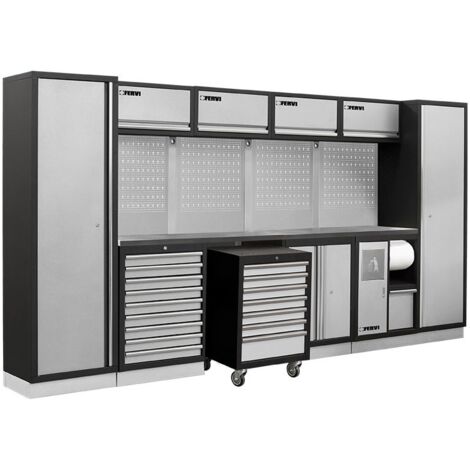Mobiliario taller modular con tapa de acero inox armarios cajones. Fervi A008P