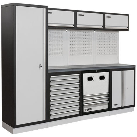 Mobiliario taller modular con tapa de acero inox armarios cajones. Fervi A008U
