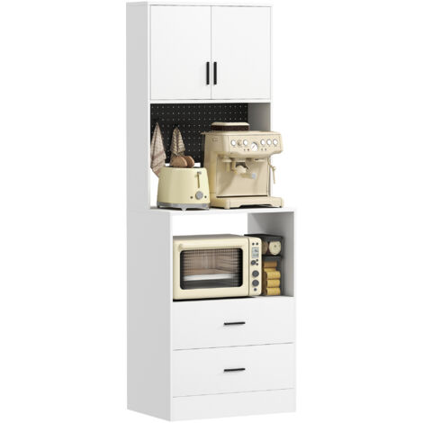 Mobilier auxiliaire cuisine support micro-ondes, 2 tiroirs, 2 portes et panneau métal perforé, blanc