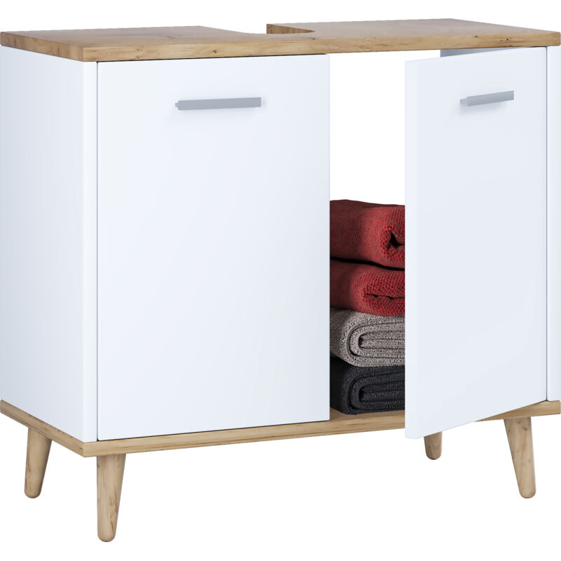 Mobilier de badge : sous-armoire de lavage Landos H. 56 x L. 60 x P. 28 cm Blanc/Hong Eiche